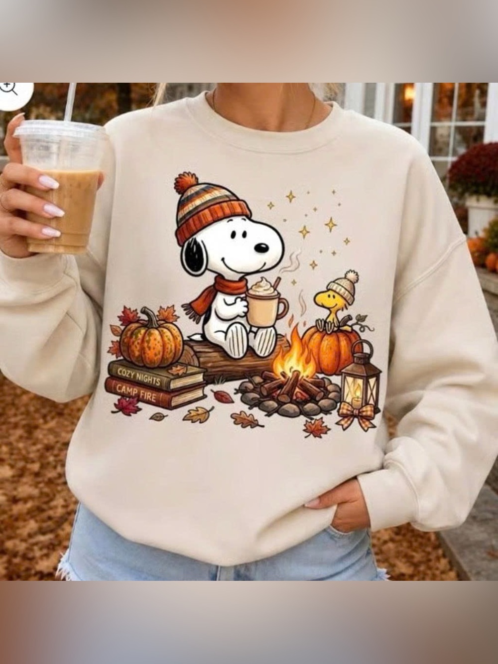 Vintage Cream Snoopy & Woodstock Autumn Campfire Crewneck